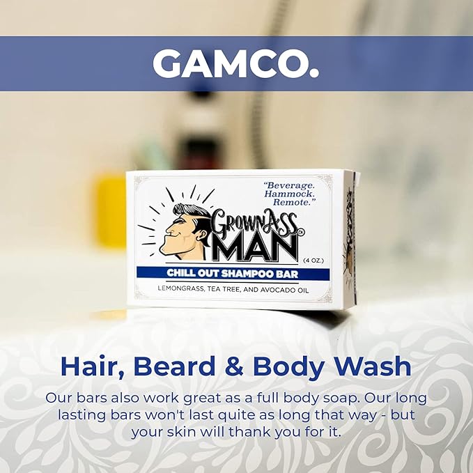Grown Ass Man Co. - Solid Shampoo Bar Rich Lather 3 in 1: Hair, Beard & Body Wash - Plastic Free & Eco-Friendly, Natural & Organic Clean for All Hair Types, 4oz Bar (Chill Out, 6-Pack)
