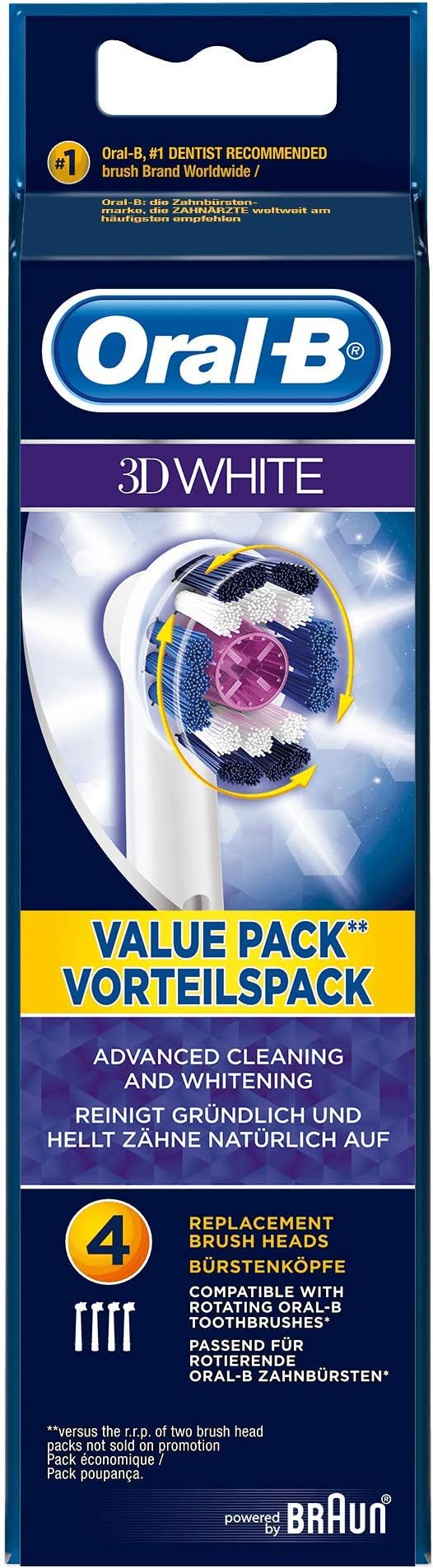 Oral-B 3D White Toothbrush Heads Pack of 4 Replacement Refills for Electric Rechargeable Toothbrush