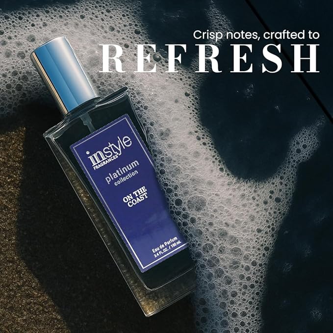 InStyle Fragrances Platinum Collection On the Coast, Inspired by J. Malone's Woo.d Sa.ge & Sea Salt, Premium Unisex Eau de Parfum, CLEAN, Vegan, Paraben-Free, Never Tested on Animals, 3.4 Fluid Ounces
