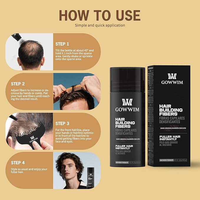 gowwim Hair Fibers for Thinning Hair 25g Hair Building Fibers 100% Undetectable,Instantly Cover Sparse Hair Areas-Bald Spots Cover Up. (Mid Brown)
