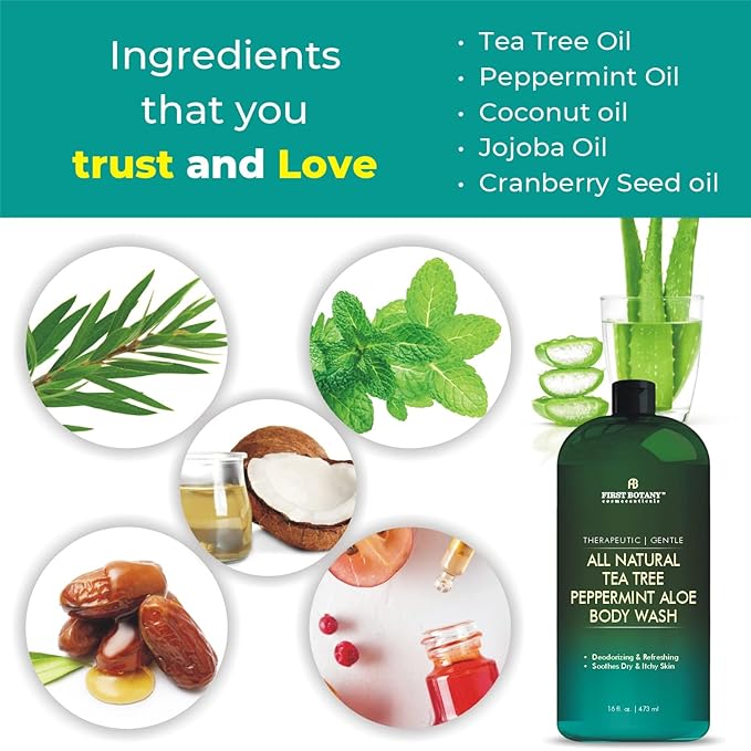 First Botany, ALL Natural Body Wash - Fights Body Odor, Athletes Foot, Jock Itch, Nail Issues, Dandruff, Acne, Eczema, Shower Gel for Women & Men, Skin Cleanser -16 fl oz (Tea Tree Mint)