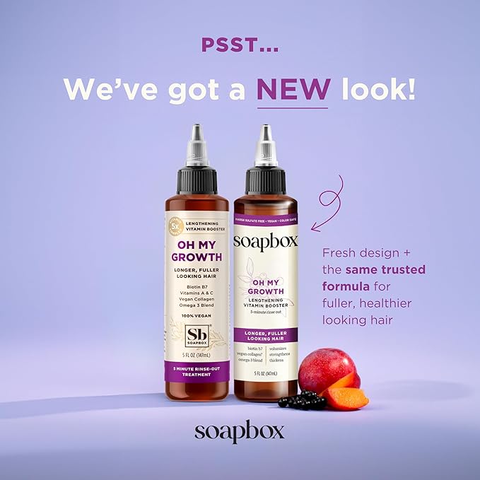 Soapbox Oh My Growth, Lengthening Vitamin Booster Treatment for All Hair Types with Biotin, Vegan Collagen & Vitamins A & C, Paraben & Cruelty Free, For Thicker, Fuller Hair Men & Women, 5oz Pack of 2