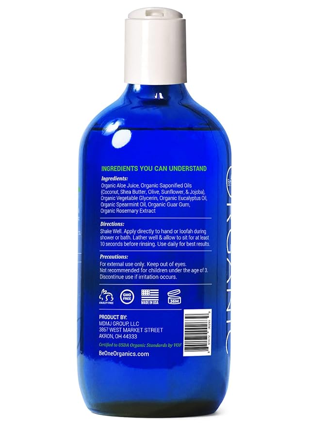 Certified Organic Spearmint & Eucalyptus Body Wash by Be-One - Paraben & Sulfate Free - Vegan - All Natural - Eczema - Sensitive Skin - For Men & Women - MADE IN USA