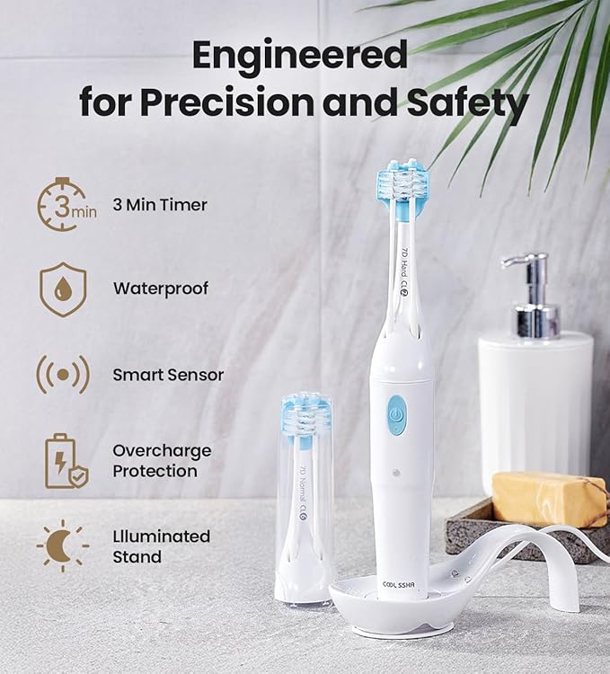 Korean Dual-Action Toothbrush Set - Premium Soft Bristle 3 Head Silver Handle for Deep Cleaning Teeth & Gums