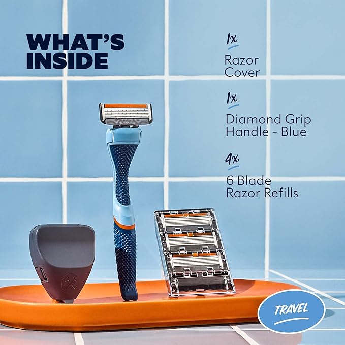 Dollar Shave Club | Travel Shave Set | 4 Extra Close Refill Cartridges, 1 Handle (Blue), 1 Razor Cover