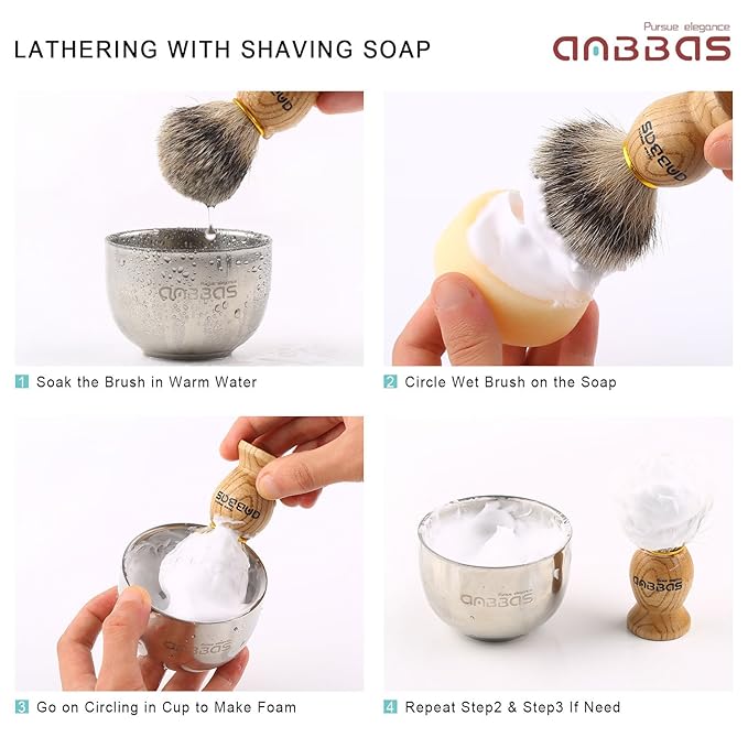 Anbbas Pure Badger Shaving Brush with Wood Handle and Shaving Bowl 2 Layers Stainless Steel,Black Acrylic Thicken Shaving Stand for DE Razor