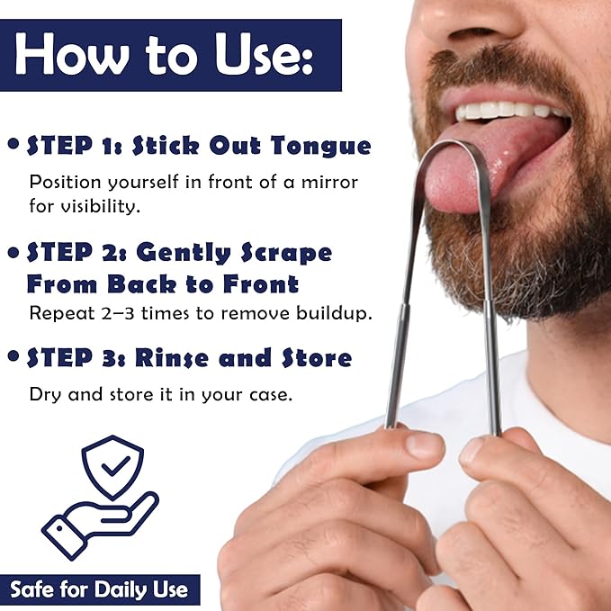 Stainless Steel Tongue Scraper (2 pack) - Rust - Resistant Metal Tongue Cleaner For Adults Bad Breath Removal Tool - Oral Hygiene Kit