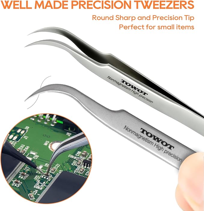 TOWOT Precision Tweezers, 5 PCS Stainless Steel, Non-Magnetic, Heat Resistant, Curved, Jewelry, Electronics, Craft, Soldering, Experimental Work