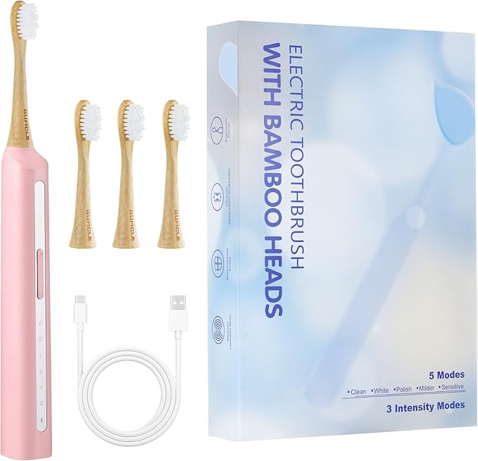 Bamboo Electric Toothbrush丨Rechargeable Electric Toothbrush with 4 Bamboo Heads, Soft Castor Oil Bristles,5 Moedes&3 Intensities, 45 Days Battery Life, IPX7 Waterproof-Pink