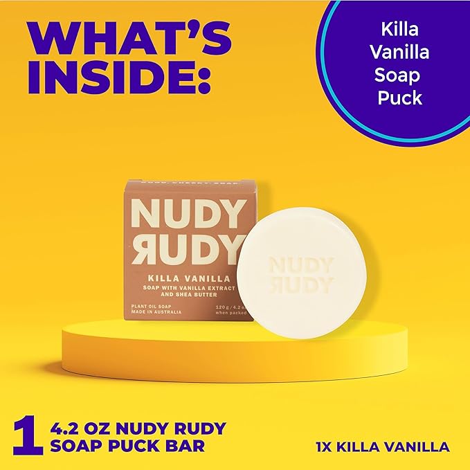 Nudy Rudy Killa Vanilla Soap Bar Puck, Made with Organic Shea Butter and Real Vanilla, Triple Milled Bar, No Harsh Ingredients, All Skin Types, 4.2 oz, Made in Australia