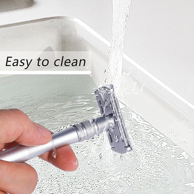 Men's and Women's Manual Razor Safety Razor with 10 Double Edge Blades, Double Edge Razor, Eco-Friendly, Smooth Close Shave, Plastic-Free, Easy to Carry for Traveling at Home (Silver)