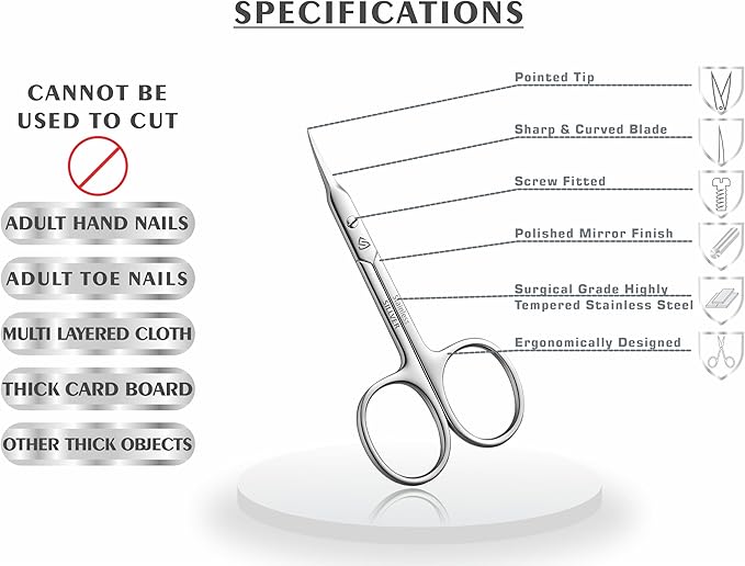 Cuticle Scissors Curved Blade - Extra Fine Pointed Tip Professional Manicure Grooming Scissors for Cuticles, Beard, Nose Hair, Eyelash, Mustache - Eyebrow Scissors