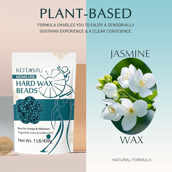 KOTAMU Hard Wax Beads for Hair Removal, 1lb Jasmine Wax Beads for Sensitive Skin Armpit Abdomen Face Leg Full Body Waxing Beans for Women Men at Home Wax Refill (Coarse & Stubborn Hair Formula)