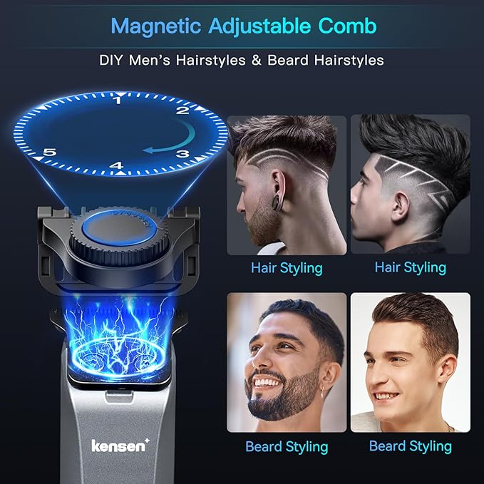 kensen Beard Trimmer for Men - 9 Adjustable Length Settings Hair Clippers, Precision Body Hair Trimmer for Men Ceramic Blades IPX6 LED Display for Facial Hair Trimming Mustache Trimmers Gray