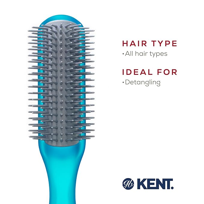 Kent AHGLO01 Airhedz Glo Blue Half Round Narrow Detangling Hair Brush - 9 Row Ionic Anti Static Non Scratch Long Nylon Bristle Great for Detangling and Smoothing Medium to Long Length Hair