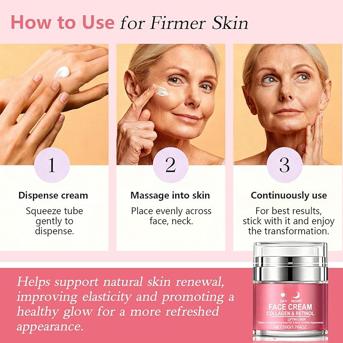Retinol Cream for Face with Collagen, Collagen Face Moisturizer for Lifting Skin, Day-Night Anti-Aging Cream for Women and Men for Tighten & Smooth Fine lines, Wrinkles and Dryness 1.76 Fl Oz