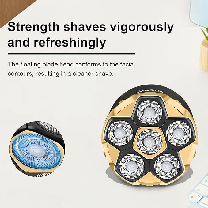 HIENA PRO Head Shaver for Bald Men - 6D Magnetic Rotating Shaver, Rechargeable Bald Head Razor Kit, Waterproof Electric Razor with LED Display (Gold)