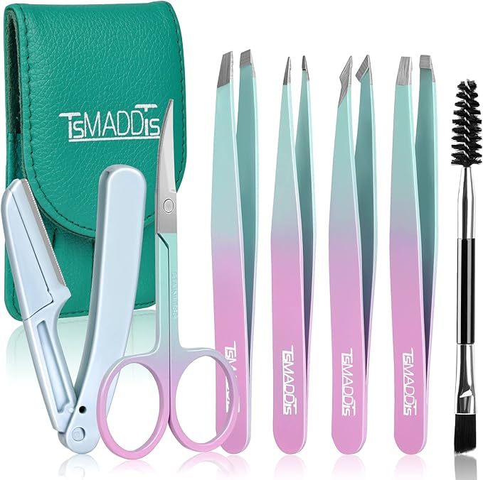 TsMADDTs 7PCS Tweezers for Women Facial Hair, Precision Tweezer Set for Eyebrows with Curved Scissor and Eyebrow Razor for Ingrown Hair