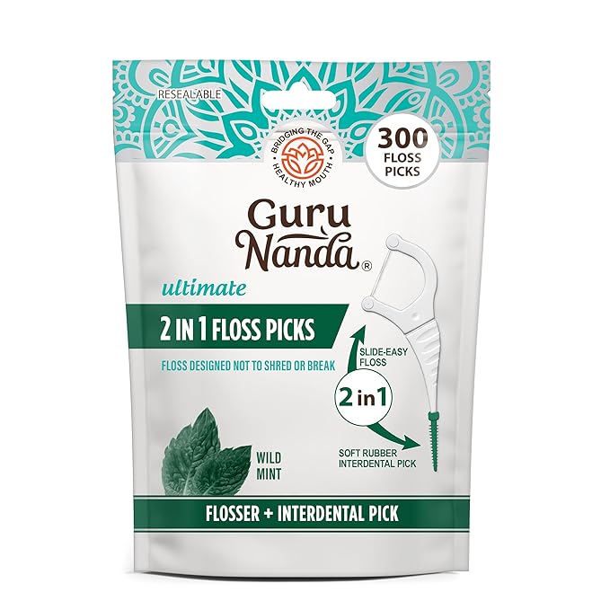 GuruNanda 2 in 1 Dental Floss Picks for Oral Care, PFAS Free – Non-Slip Grip, Slide Easy, No Break or Shred Flosser with Interdental Pick for Healthy Teeth & Gums – Mint Flavor, 300 Count (1 Pack)