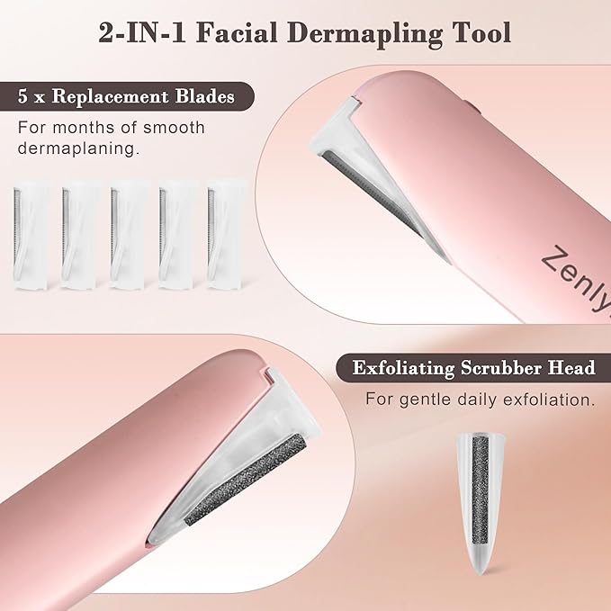 Vibration-Assisted Manual Dermaplane Razor for Women Face, Zenlynk Facial Exfoliator & Peach Fuzz Trimmer with 3 Vibration Modes, LED Light, 5 Replacement Blades & Exfoliating Scrubber, Pink