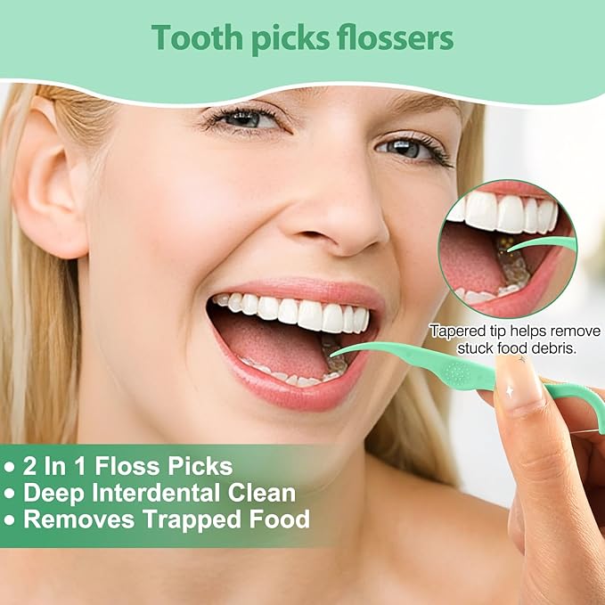 Floss Picks - 300 Count Wear Resistant Dental Floss Picks BPA Free Durable Dental Floss Ergonomic Design 2 In 1 Tooth Picks Flossers for Teeth Cleaning 3 Pack Light Green