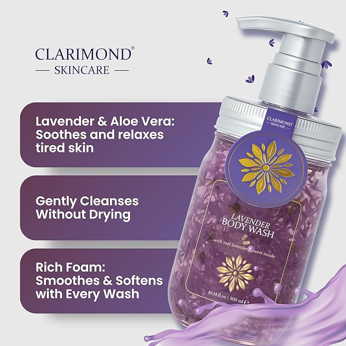 Lavender Body Wash – Sulfate Free Hydrating Shower Gel with Aloe Vera & Real Lavender Petals, Moisturizing Body Wash for Sensitive & Dry Skin, Calming Aromatherapy Cleanser, 10.14 fl oz Pump