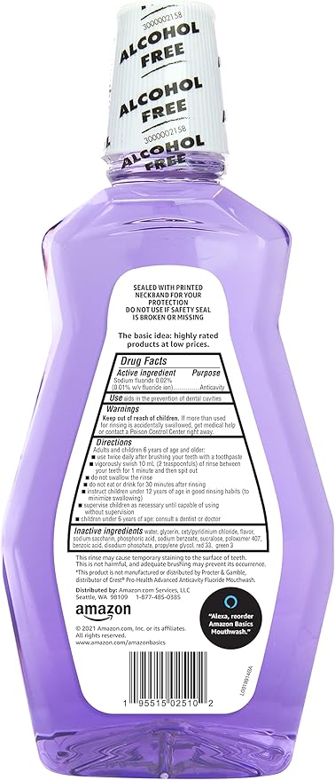 Amazon Basics Anticavity Fluoride Mouthwash, Alcohol-Free, Violet Mint Flavor, Cavity Prevention, 1 Liter (33.8 Fluid Ounces), 1-Pack (Previously Solimo)