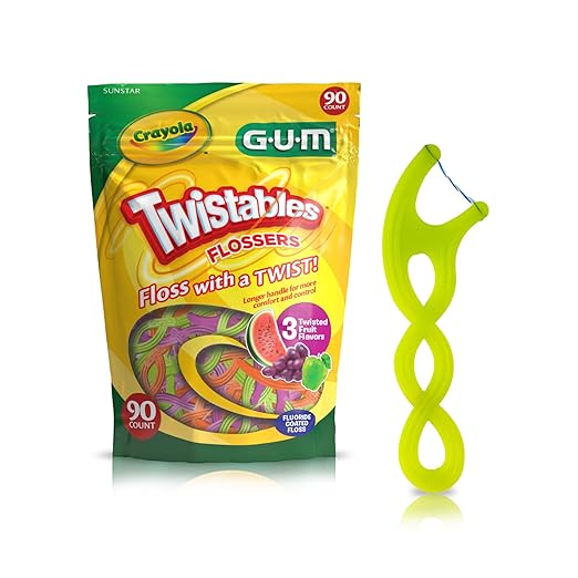 GUM Crayola Twistables Kids Flossers with Fluoride - Designed for Little Hands - Three Fun Fruit Flavors - Easy to Use Kids Floss Picks for Children Ages 3+, 90 Count
