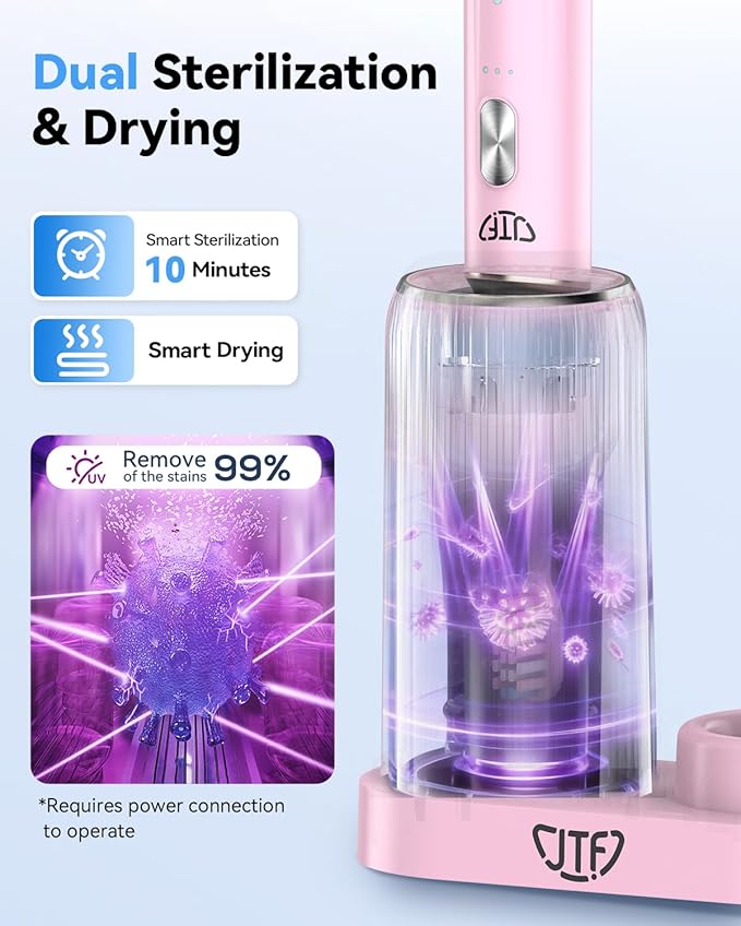 JTF Sonic Electric Toothbrush with UV Sanitizing & Drying: 5 Modes for Effective Yet Gentle Cleaning – with 6 Brush Heads, Rinse Cup, Wireless Charging Base, Rechargeable for Daily Care, Home & Travel