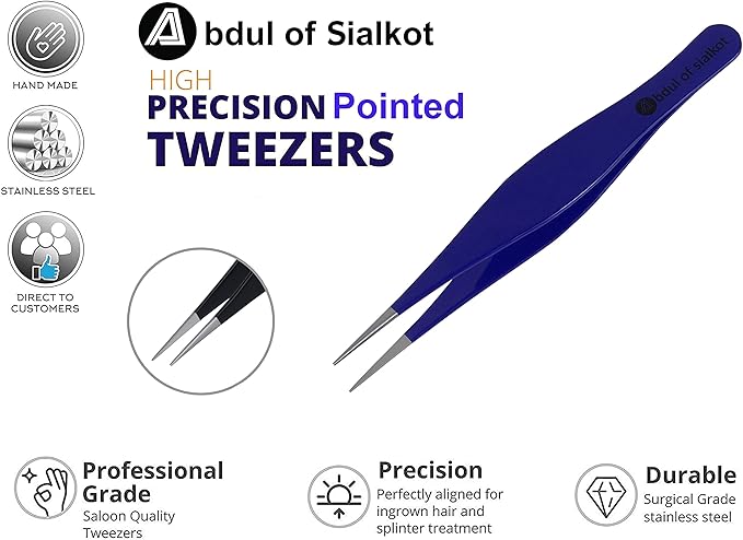 Pointed Tweezers,Needle Nose Tip, Sharp Precision Ingrown Hair, Surgical Pointed for Blackheads & Splinters/Best Tweezers for Eyebrows (Blue)