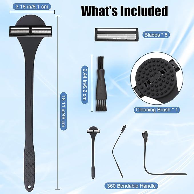 2 in 1 Back Shaver & Massage Cleaning Brush with Bendable Handle, Manual Stainless Steel Razor for Back & Body Hair Removal, Portable Wet Dry Body Groomer with 8 Pcs Replaceable Blades-Black