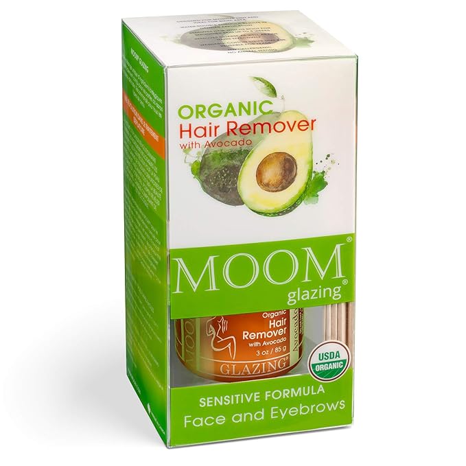 MOOM Organic Hair Removal Kit - Avocado Oil, Agar Agar & Green Tea Glaze, 18 Reusable Strips, 6 Application Sticks, 3 oz. Jar
