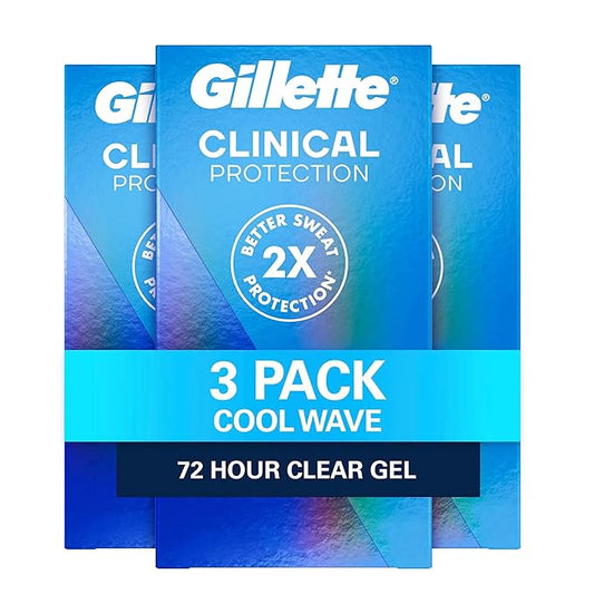 Gillette Clinical Antiperspirant and Deodorant for Men, 72hr Sweat & Odor Protection, Long Lasting Freshness, Anti-White Mark Technology, Clear Gel, Cool Wave Scent, 1.6 oz (Pack of 3)