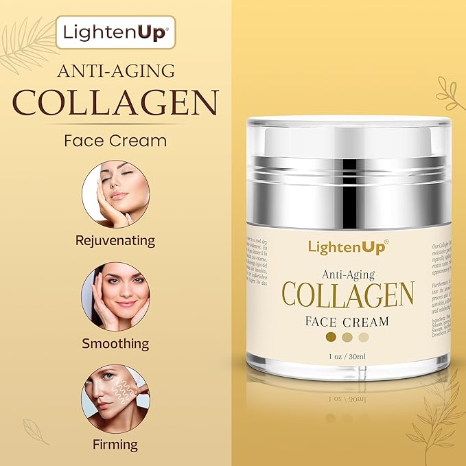 Lighten-Up Collagen Cream for Face - 1 fl oz / 30 ml - Antiaging, Fine Lines and Neck, Moisturizing and Hydrating Creams, Age Spots, with Hyaluronic Acid, for Women and Men