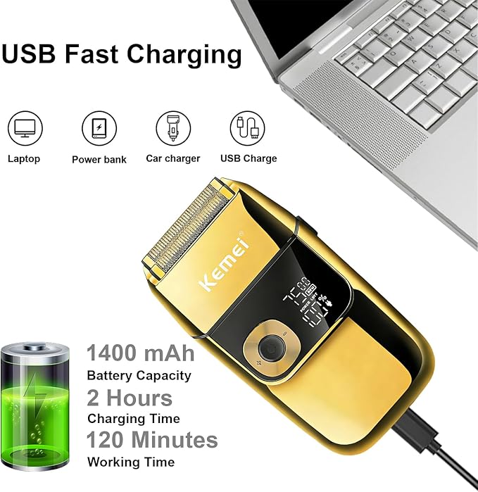 KEMEI Electric Razors for Men, LCD Display Cordless Men's Razors, USB Rechargeable with Pop-up Beard Trimmer Best Worldwide Travel Gift, Model KM 2028, Gold