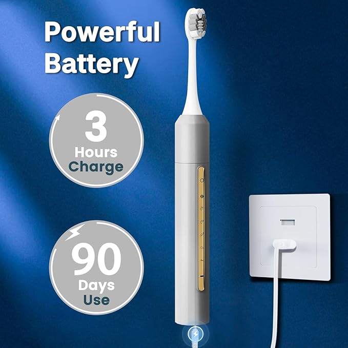 Sonic Electric Toothbrush for Adults & Kids - 10 Brush Heads, 90-Day Battery, 5 Modes, 2-Min Timer, IPX8 Waterproof, Rechargeable & Travel-Friendly (Silver)