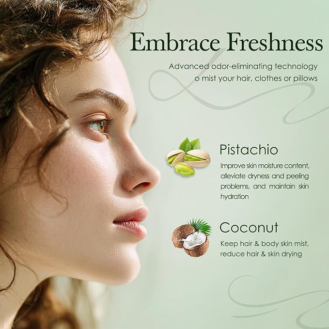 Hair Perfume for Women & Men, Alcohol-Free Coconut Pistachio Hair & Body Mist, Lightweight Long-Lasting Fragrance Mist for Hair, Body & Fabric, Birthday & Valentine’s Day Gift, 100ml / 3.38 fl oz