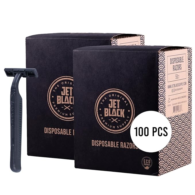 Jet Black Eco-Friendly Disposable Razors, 100 Pieces, Shaving Razors, Premium Quality Dual Blades, Compostable Wheat Straw Handle, Individual Sterilized Packaging