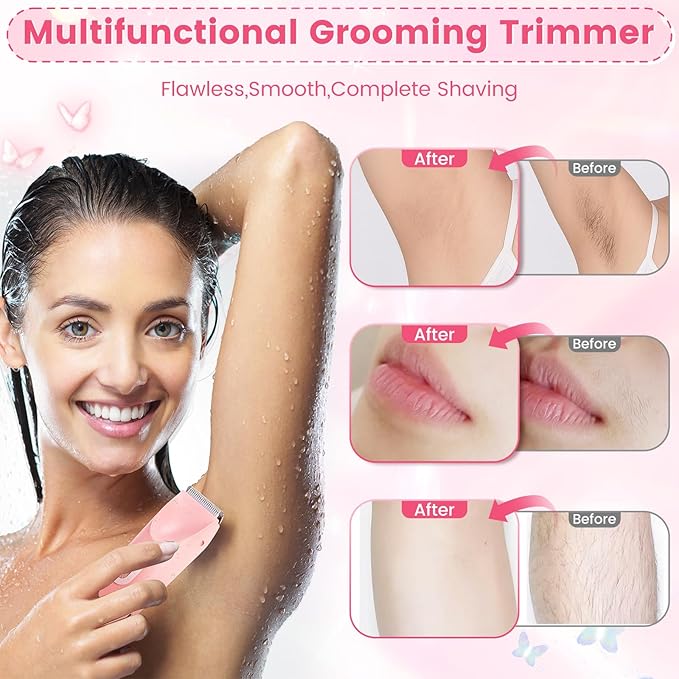 2 in 1 Bikini Trimmer for Women, Dual Head Electric Rozor, Facial Hair Removal, Ipx7 Waterproof Body Shaver for Bikini Face Armpit Pubic Hair Leg Back, Easy Cleaning, Ceramic Blade (Pink)