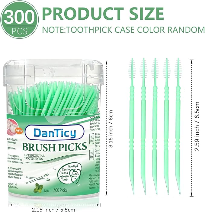 Mint Flavored Toothpicks, Brushpicks Interdental Toothpicks,Soft Bristle Dental Floss Picks Toothpicks,Helps Removes Plaque and Debris Between Your Teeth, Mint, 300PCS (Pack of 1)