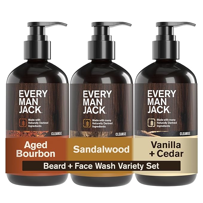 Every Man Jack Beard Wash Variety Pack for Men – Full Size 3-Pack Variety with Sandalwood, Vanilla + Cedar & Aged Bourbon Scents – Naturally Derived w/Aloe and Glycerin – 6.7 fl oz (3 Pack)