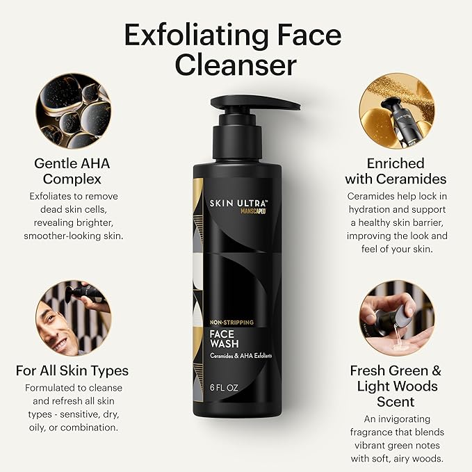 MANSCAPED® Skin Ultra™ Face Wash - Men's Exfoliating Facial Cleanser Enriched with Ceramides for Hydrated, Soft, Smooth & Brighter Skin, AHA Complex for Exfoliation, Non-Irritating Formula, 6 fl oz