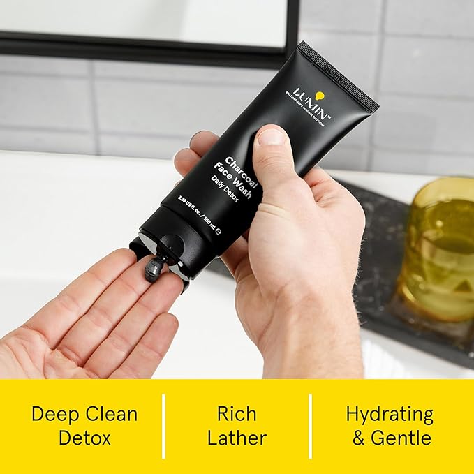 Lumin Charcoal Face Wash for Men, Daily Detox Cleanser, Hydrating Facial Wash w Activated Charcoal, Exfoliates & Unclogs Pores, Oil Control, Refreshing Skincare for Normal & Sensitive Skin, 2 Pack