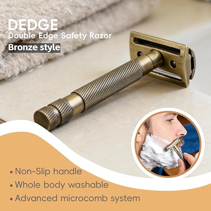DEDGE Classic Double Edge Safety Razor Single Blade Razor For Men-Reusable Razor-With 5 Premium Razor Blades -Bronze