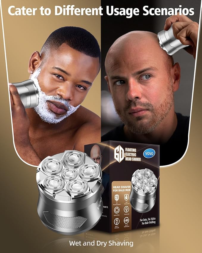 VOVO Head Shavers for Bald Men 2 Speed 6D Electric Face Head Shaver Large Capacity Cordless Type-C Rechargeable IPX7 Waterproof Bald Head Shaver Wet & Dry Use Head Razor Suitable for Home and Travel