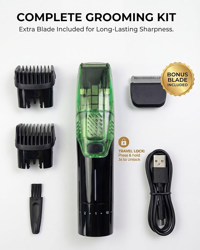Vacuum Beard Trimmer for Men – 2-Speed Adjustable Suction & Power, IPX6 Waterproof Wet/Dry Cordless Hair Clipper. 40 Length Settings (0.5-20mm), USB-C Fast Charge, Magnetic Easy-Clean Bin&Travel Lock