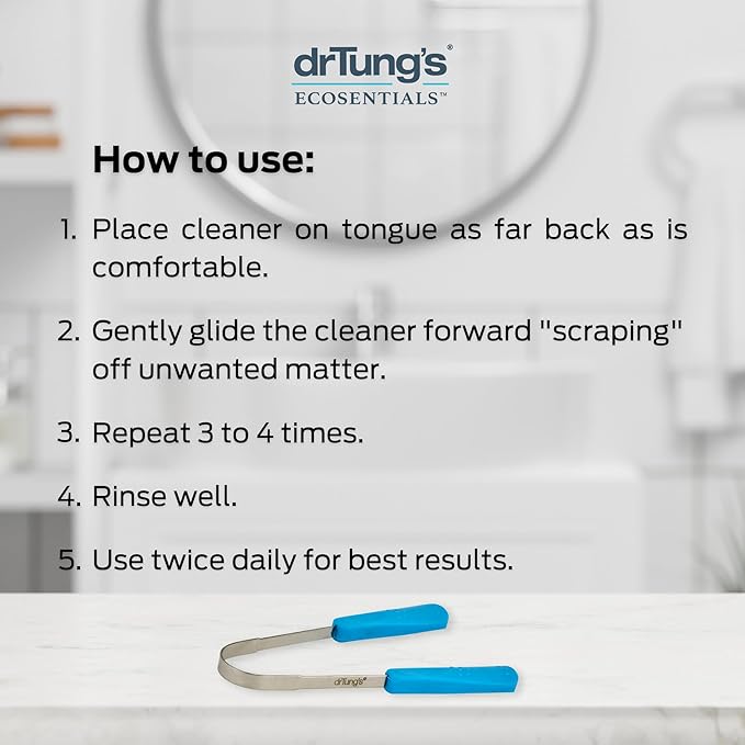 DrTung's Stainless Tongue Scraper - Tongue Cleaner for Adults, Kids, Helps Freshens Breath, Easy to Use Comfort Grip Handle, Comes with Fabric Travel Pouch - Stainless Steel Tongue Scrapers, (1 Count)