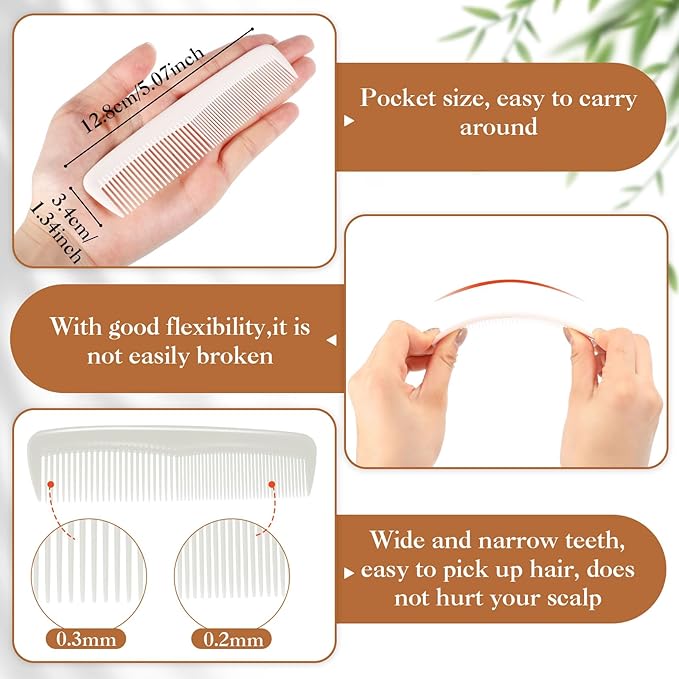 HESTYA 24 Pack White Pocket Hair Combs Bulk Double Side Hair Cutting Combs 5 Inch Unbreakable Plastic Fine Tooth Comb Barber Beard Mustache Hairbrush Hairdressing Styling Homeless Salon Home Hotel