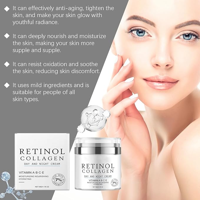 Retinol Collagen Anti-Aging Moisturizer, Hydrating Wrinkle Smoother with Vitamin C & E, Daily Facial & Neck Firming for Women & Men
