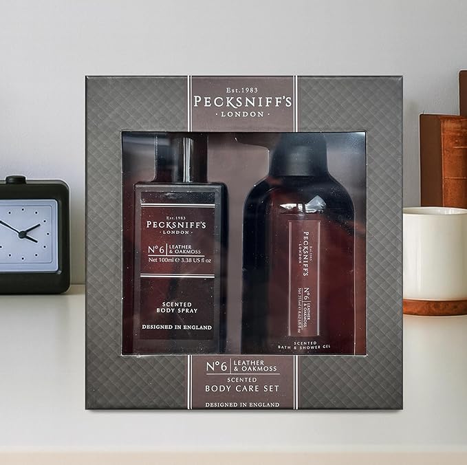 Pecksniff’s Men’s Body Duo Set – Leather & Oakmoss Scented Bath & Shower Gel 250ml & Body Spray 100ml – Luxury Grooming Gift Set for Him